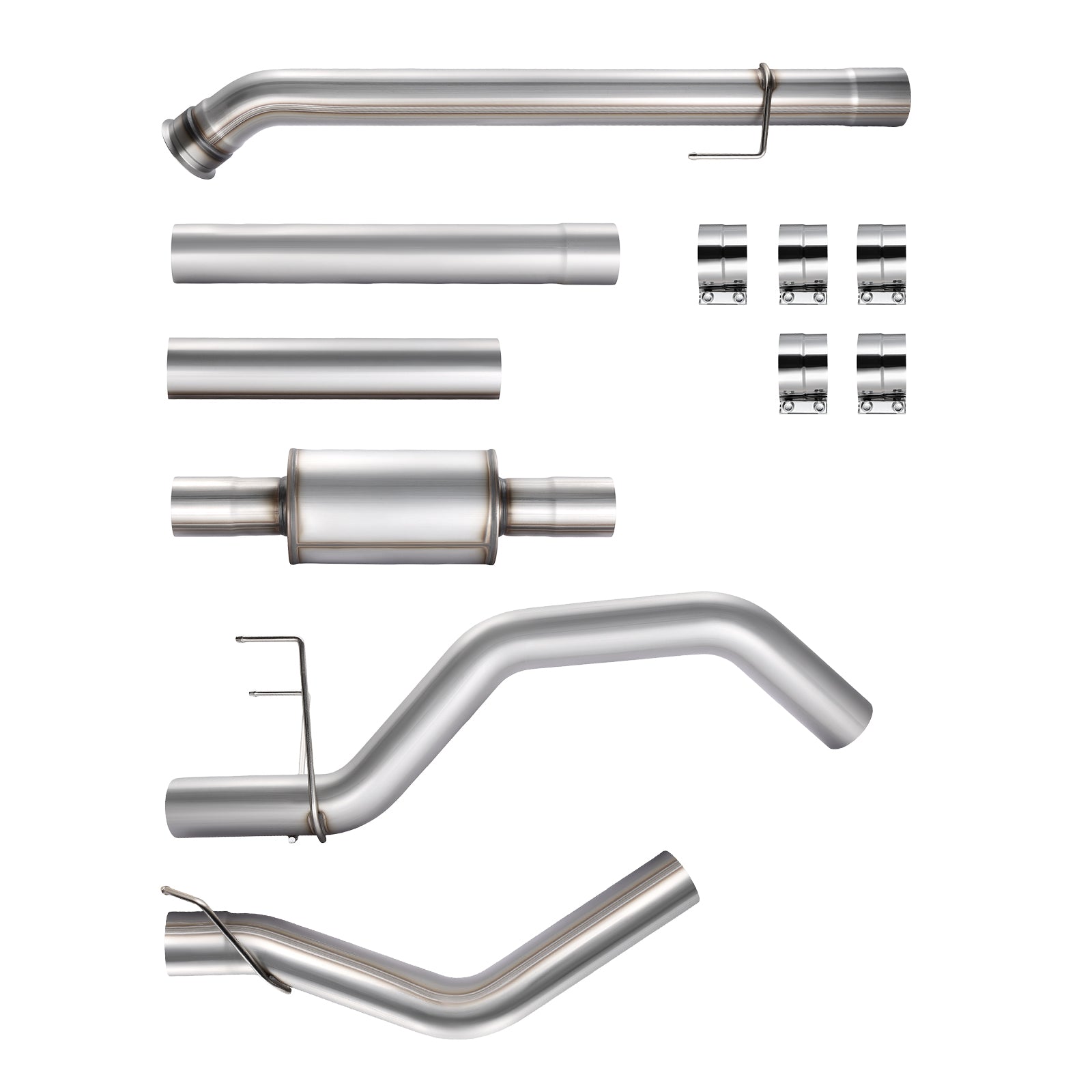 Complete downpipe-back DPF delete kit for the 2019-2025 Dodge Ram 6.7L diesel with a flanged downpipe bend, straight extension tubes, a round muffler, an S-bent tailpipe, a J-bent pipe, and five band clamps.
