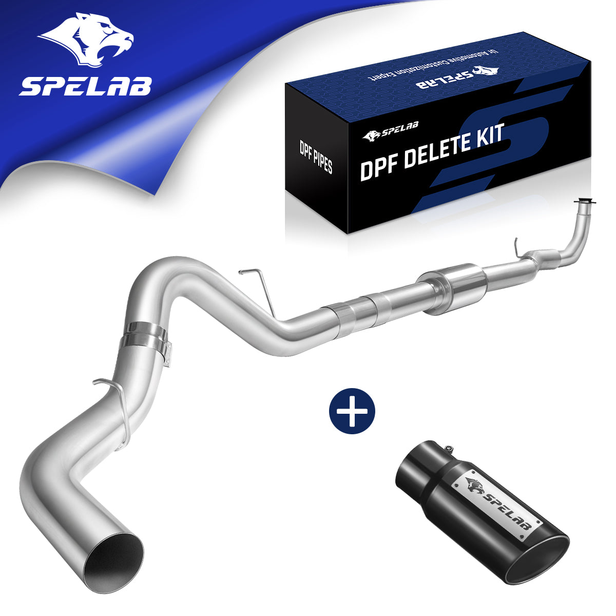 Polished stainless downpipe-back exhaust with a cylindrical inline muffler near the downpipe for 2017-2025 L5P 6.6L Duramax, a band clamp at the bend, paired with a black SPELAB tip and a blue SPELAB DPF delete kit box.