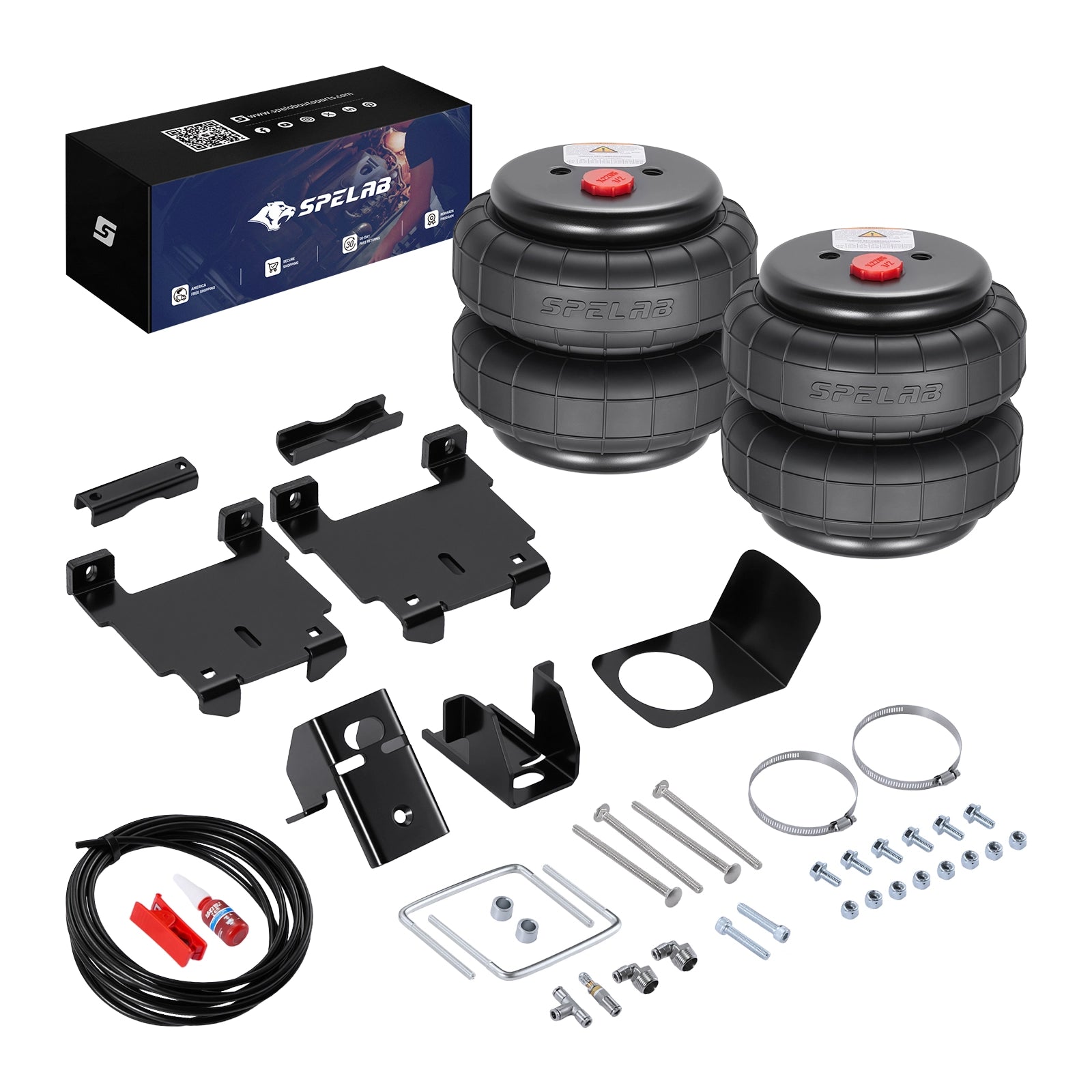 SPELAB rear air suspension kit for 1999-2018 Chevrolet/GMC 1500, detailing formed mounting brackets, hose clamps and a bushed steel frame with twin air springs
