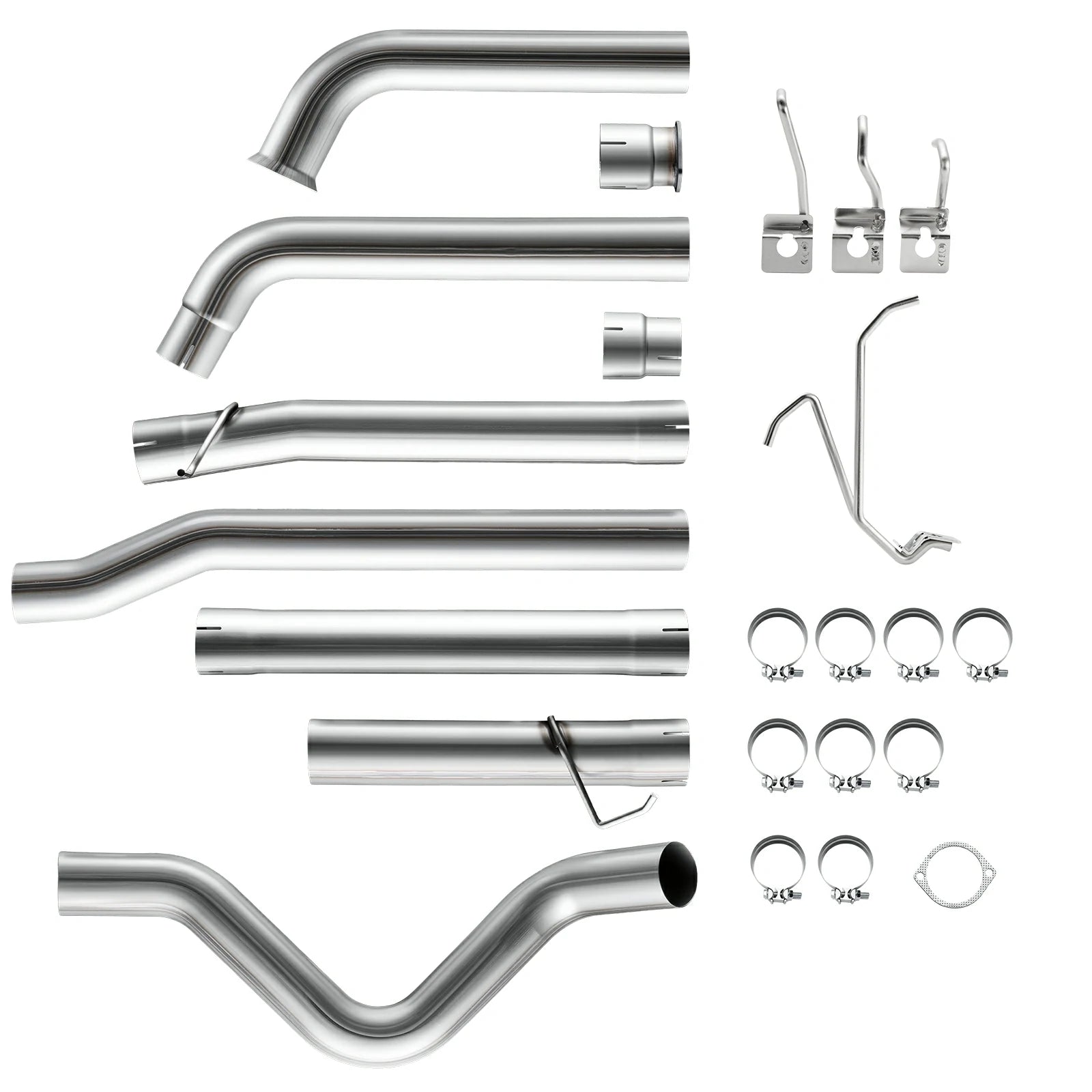 Turbo-back exhaust kit parts for the 2003-2007 Ford F-250 F-350 F-450 6.0L Powerstroke, including a flared downpipe, straight mid pipes, a V-bend tailpipe, hanger brackets, nine band clamps, and a flange gasket.
