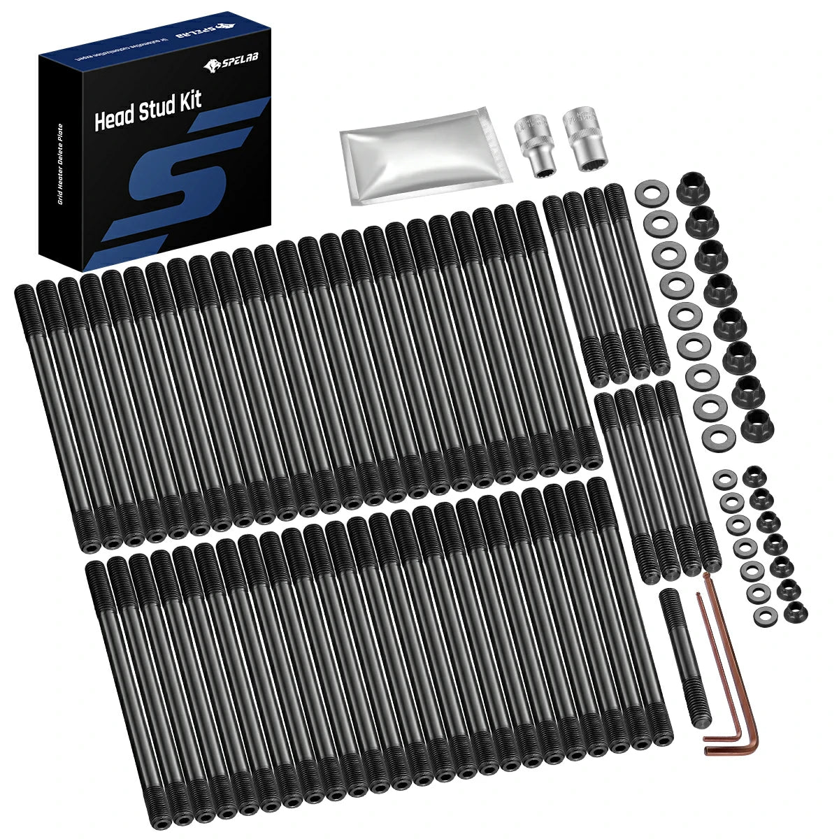 SPELAB head stud kit for 2011-2019 Ford F-250 F-350 F-450 and F-550 6.7L Powerstroke diesel, with studs, washers, flange nuts and sockets, shown with the box