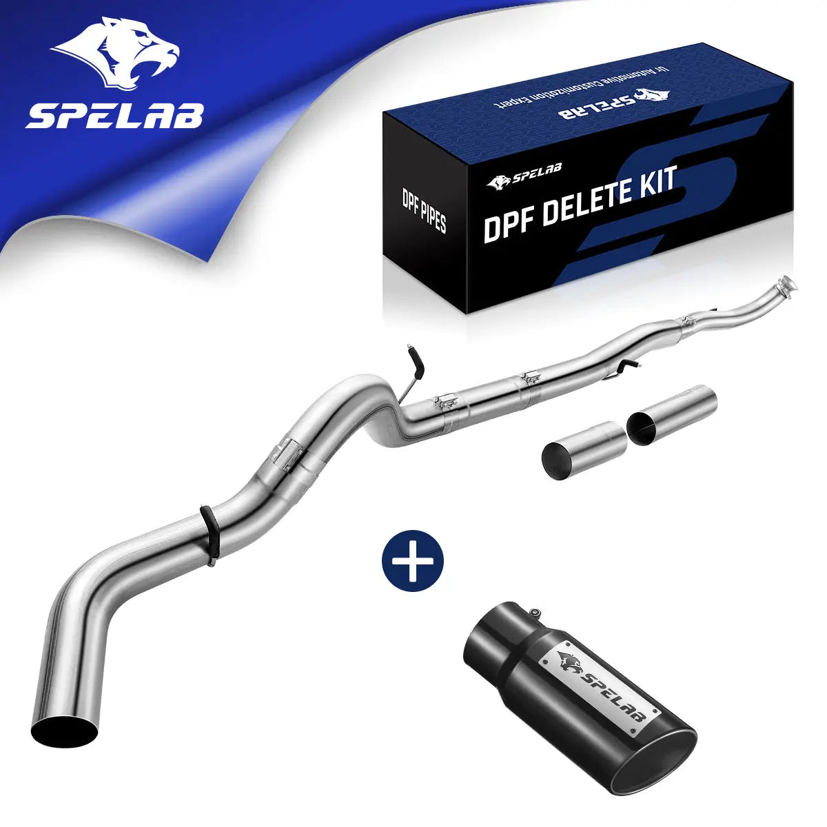 Stainless downpipe-back pipe for 2017-2025 L5P 6.6L Duramax with a rubber-lined clamp on the over-axle bend, two straight extension sleeves, a black SPELAB exhaust tip, and a blue SPELAB DPF delete kit box.