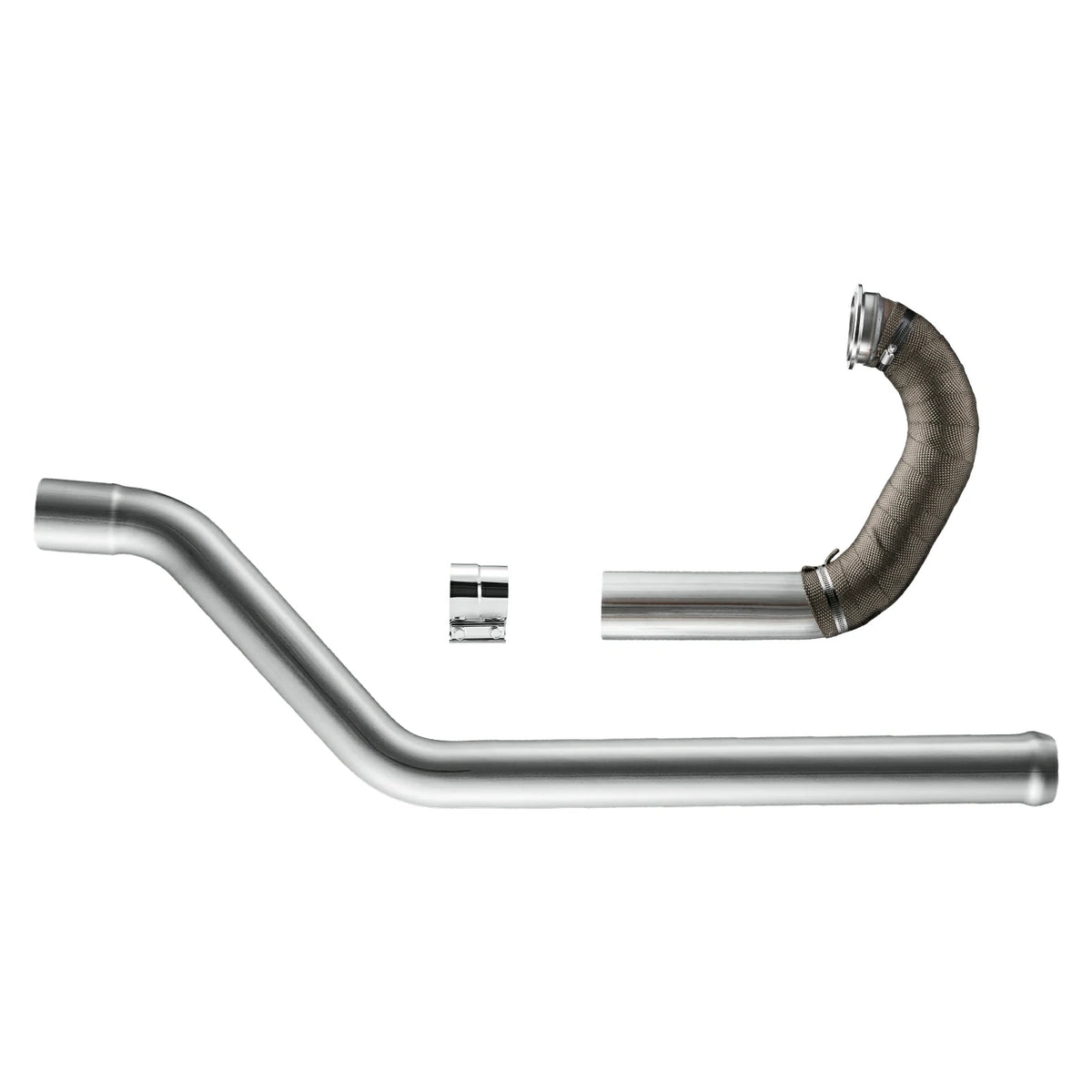 Two-section stainless turbo-back DPF delete exhaust for 2019-2026 Chevy Silverado GMC Sierra 3.0L Duramax LM2, with a mandrel-bent mid-pipe, a split band clamp, and a braided heat-sock segment ending in a V-band flange.