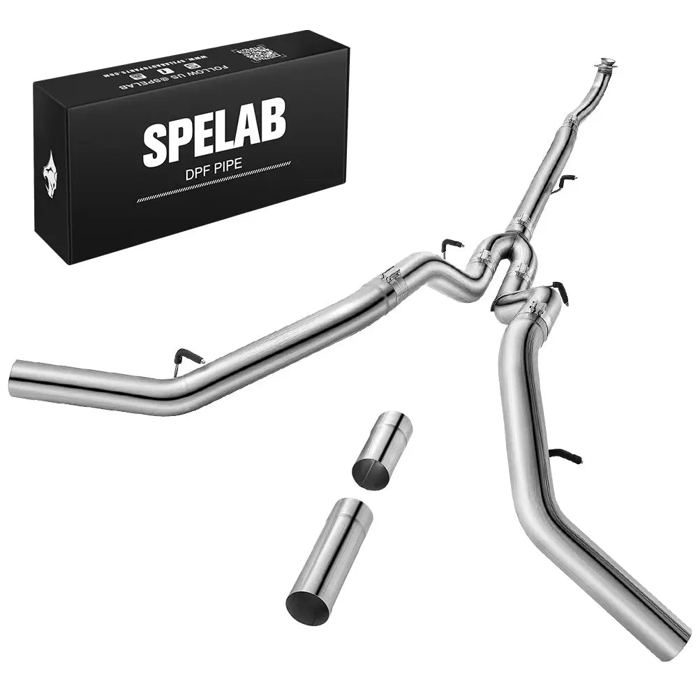Long stainless downpipe-back pipe for 2017-2025 L5P 6.6L Duramax with its mid-section looped under the over-axle run, band clamps, hanger rods, and two loose extension sleeves beside a SPELAB DPF pipe box.