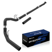 Exhaust system in black powder coating for 2011-2024 Ford 6.7 Powerstroke F250 F350 F450, assembled from mandrel-bent pipes with band clamps, dual hangers and a heat-wrapped tail, beside its SPELAB DPF delete kit box