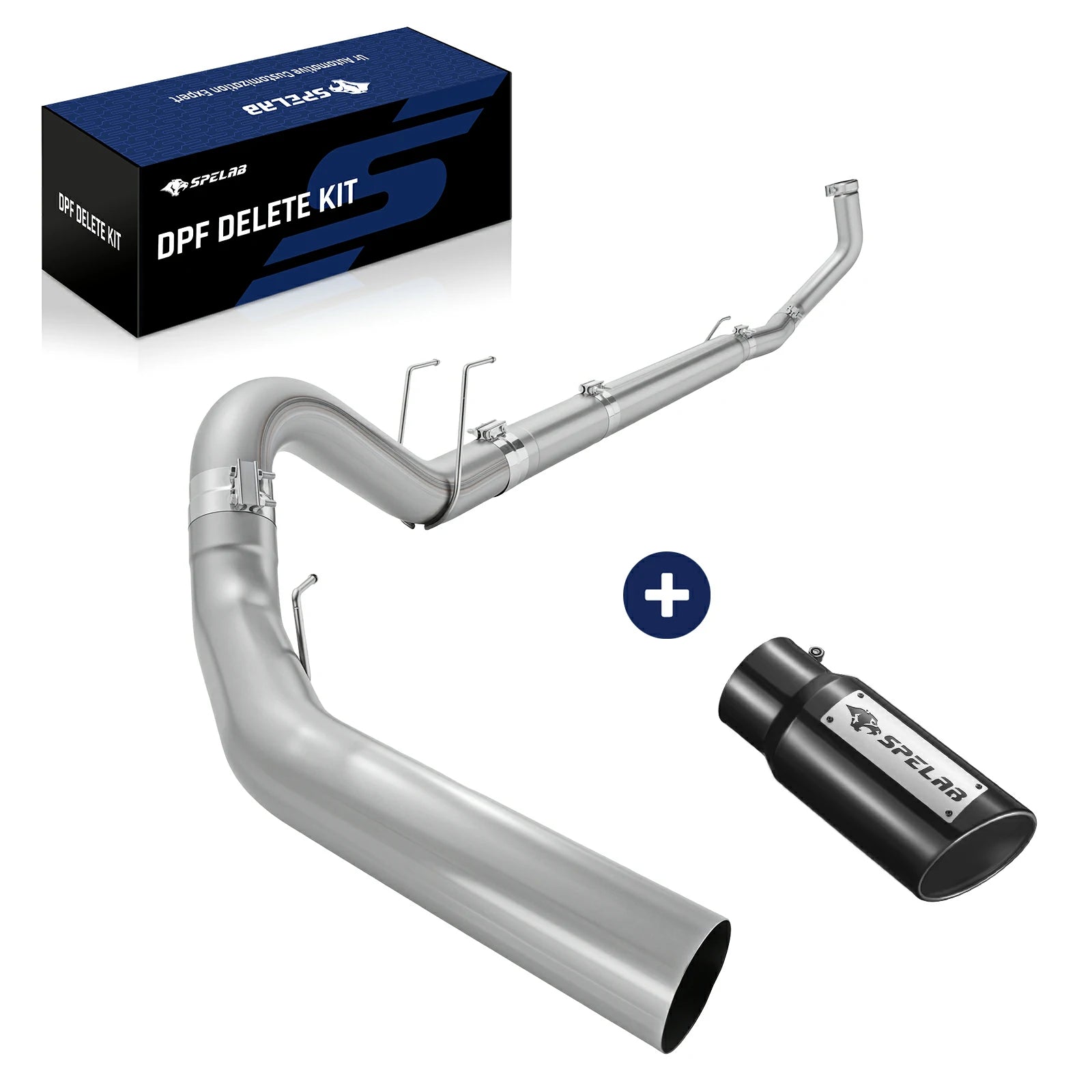 Stainless turbo-back exhaust with black resonator canister for 2023-2024 Ford F-250 F-350 6.7L Powerstroke, mandrel-bent pipe, contour hangers, band clamps, a polished open tip, and the SPELAB DPF delete box.