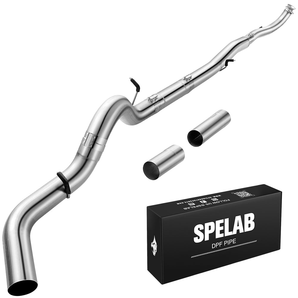 Mandrel-bent stainless downpipe-back pipe for 2017-2025 L5P 6.6L Duramax with an S-shaped over-axle bend, banded slip joints, black hanger rods, and two straight extension sleeves by a SPELAB DPF pipe box.
