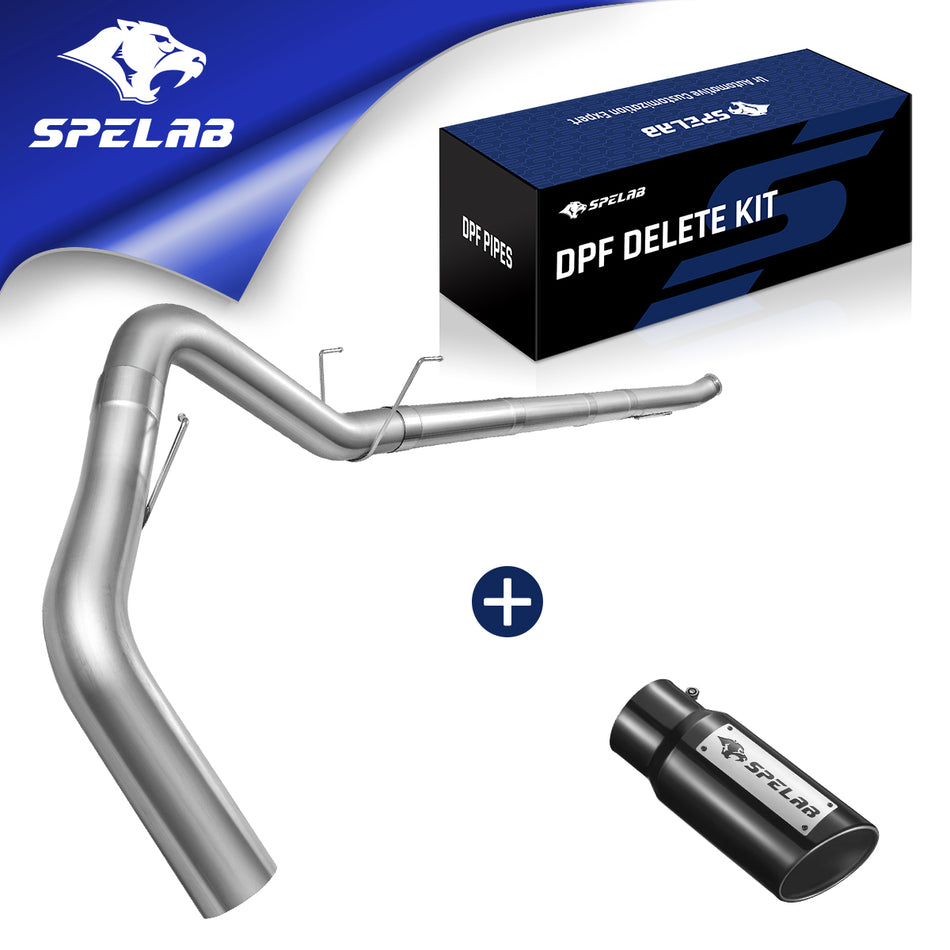 DPF delete kit for the 2019+ Dodge Ram 2500/3500 6.7L Cummins, a polished mandrel-bent dogleg pipe with a bolted flange inlet paired with a separate black SPELAB slant-cut tip beneath a DPF Delete Kit box.