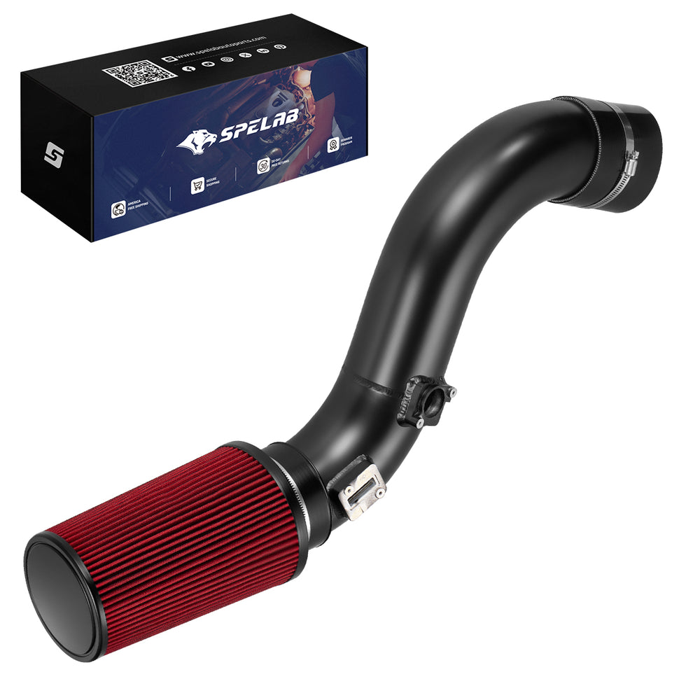 Cold air intake kit for the 2013-2016 Chevy and GMC 2500HD/3500HD 6.6L Duramax LML, a black powder-coated tube with an integrated MAF boss and a red conical high-flow filter