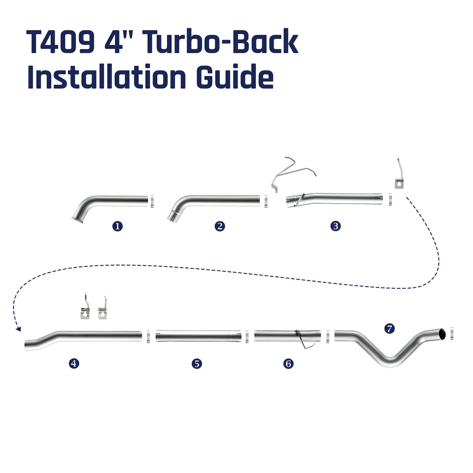 Seven numbered pipe sections of a T409 4-inch turbo-back DPF delete exhaust for the 2003-2007 Ford F-250 F-350 F-450 6.0L Powerstroke, laid out in installation order with hangers and clamps.