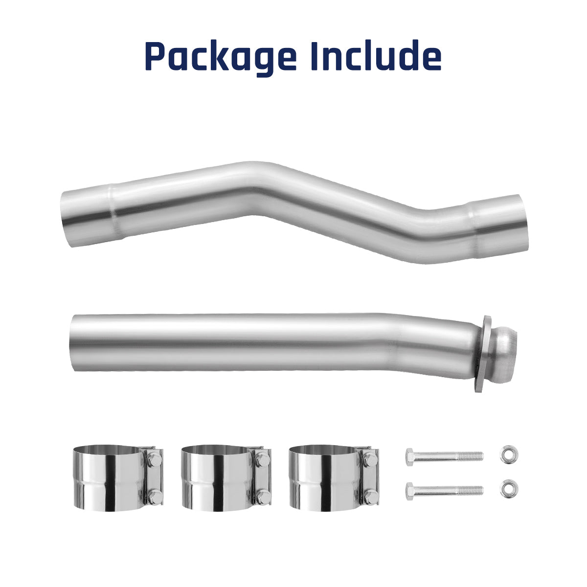 DPF delete kit contents on a plain white background, including a mandrel-bent pipe, a straight flanged pipe, three band clamps, and mounting bolts.