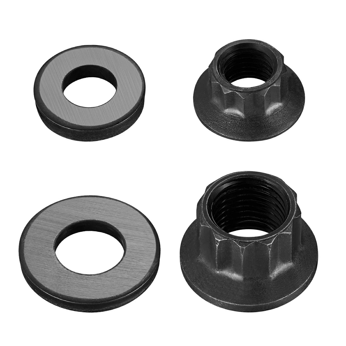 Black flat washers and knurled cone-seat flange nuts from a SPELAB 6.7L Powerstroke head stud kit for Ford Super Duty trucks