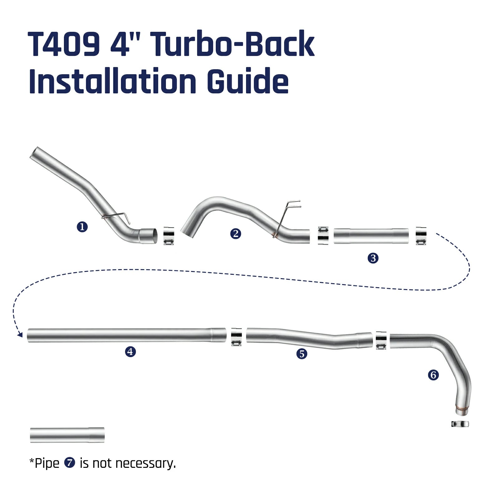 Disassembled 4-inch T409 stainless turbo-back system for the 2023-2024 Ford F-250 F-350 6.7L Powerstroke, mandrel-bent front pipe, U-bend mid section, straight connectors, and a downward tail bend with band clamps.