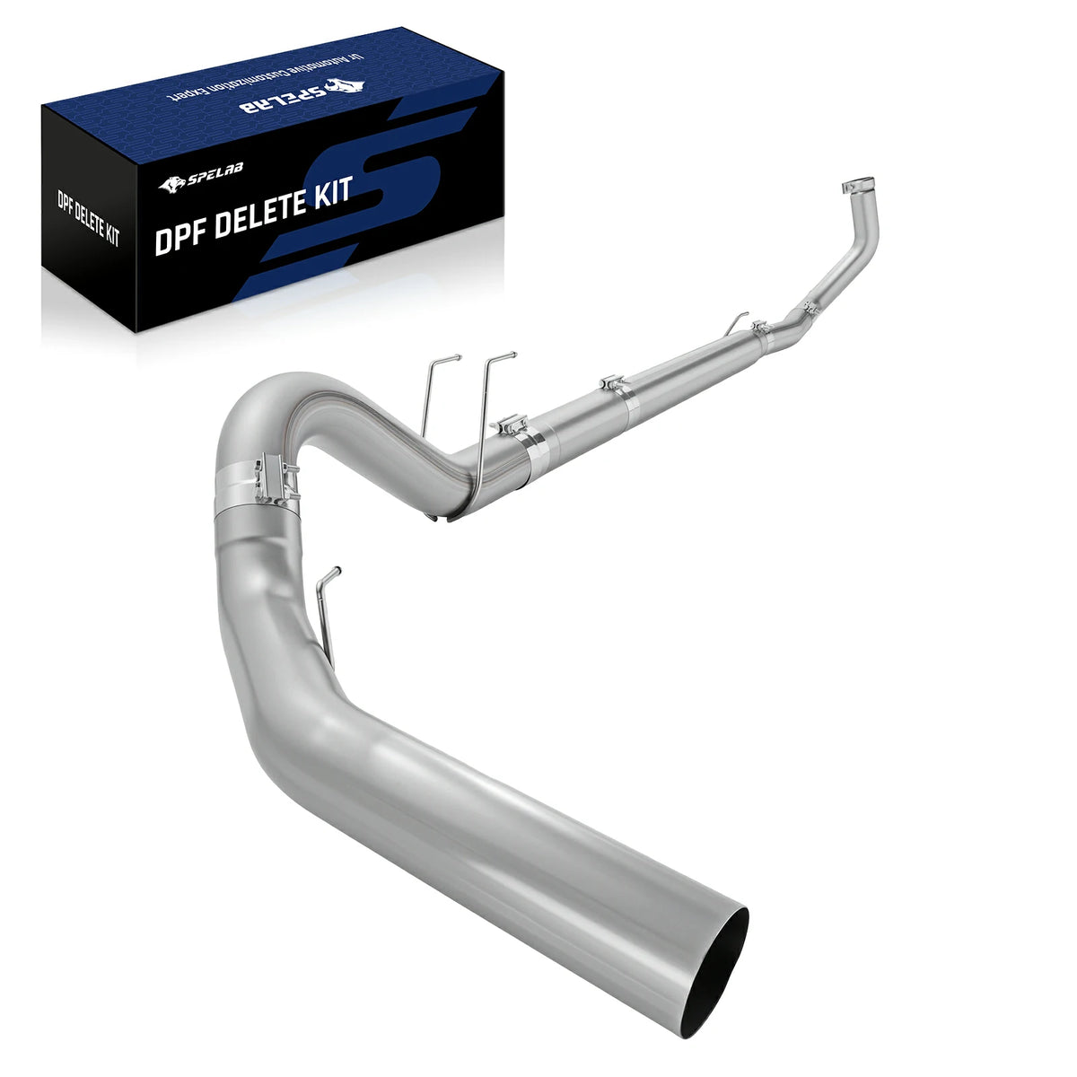 Assembled 4-inch stainless turbo-back exhaust for 2023-2024 Ford F-250 F-350 6.7L Powerstroke, a single mandrel-bent run with contour hangers, band clamps, and a large polished open tip beside the SPELAB box.