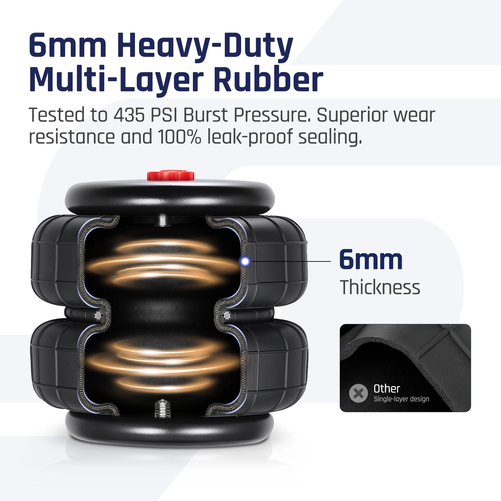 Cutaway view of a SPELAB air spring showing 6mm heavy-duty multi-layer rubber walls and a red valve, burst-tested to 435 PSI for leak-proof sealing