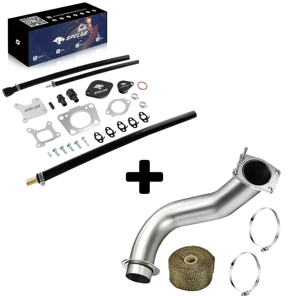 EGR valve cooler delete kit with block-off plates, gaskets and a black dipstick tube combined with a stainless downpipe for the 2017-2025 Chevy GMC 6.6L Duramax L5P.