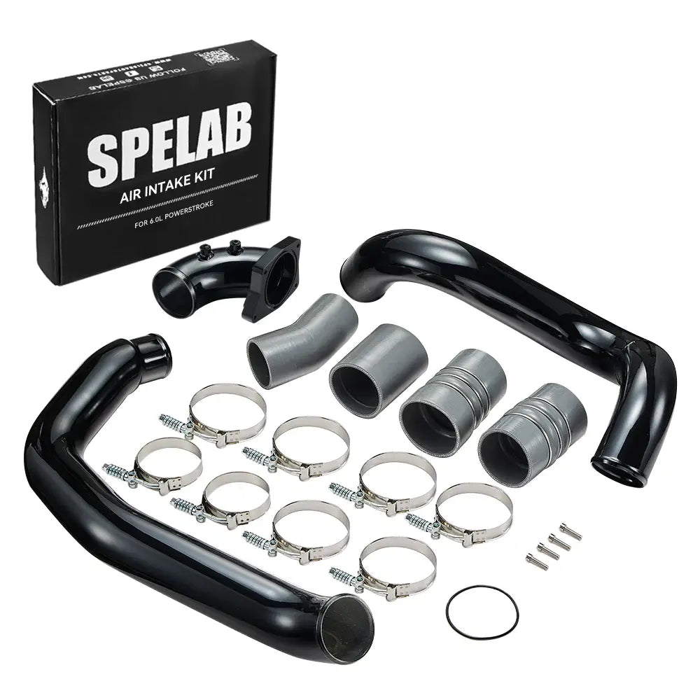 Charge air cooler tube kit for a 2003-2007 Ford 6.0L Powerstroke, including two black pipes, four silicone couplers, band clamps and mounting screws