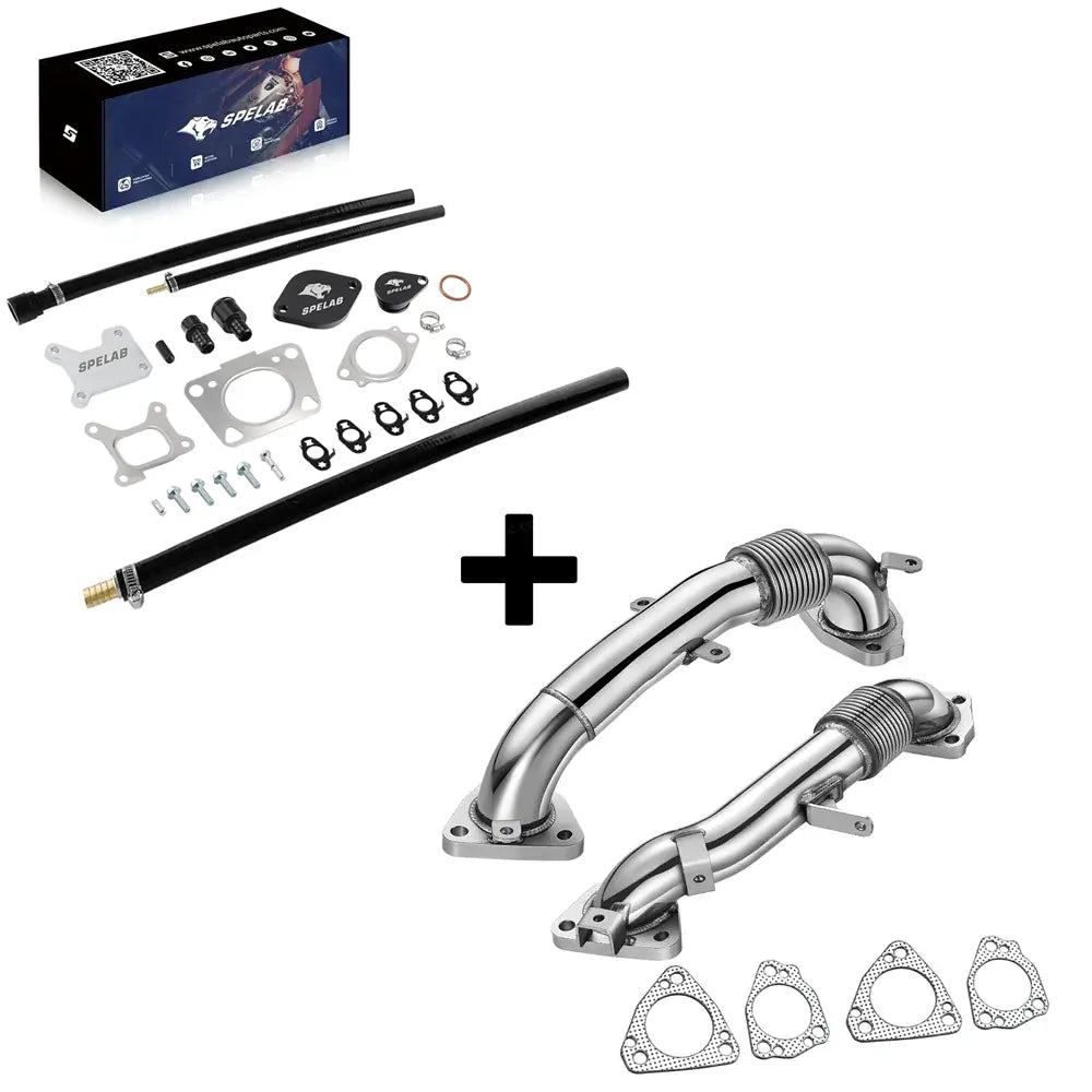 EGR valve cooler delete kit with billet plates and coolant hoses bundled with a pair of stainless L5P exhaust up-pipes and steel gaskets for the 2017-2025 6.6L Duramax.