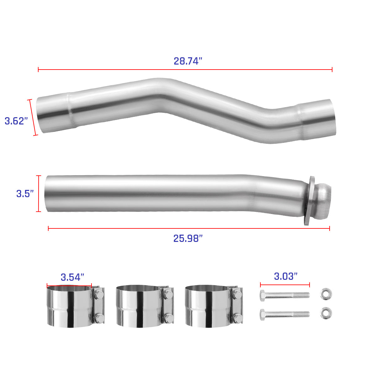 Complete 3.5-inch CAT & muffler delete pipe set for 2003-2007 Ford F-250 F-350 6.0L Powerstroke: a 28.74-inch bent mid-pipe, a 25.98-inch straight flanged pipe, three 3.54-inch band clamps, and bolts.