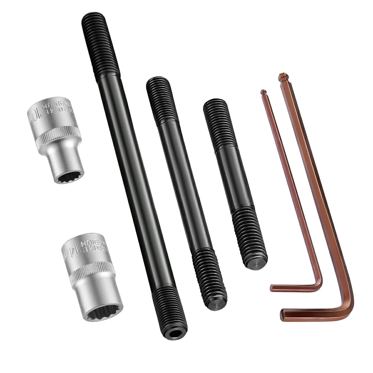 Three graduated double-ended SPELAB head studs with 10mm and 14mm chrome-vanadium sockets and ball-end hex keys for a Ford 6.7L Powerstroke