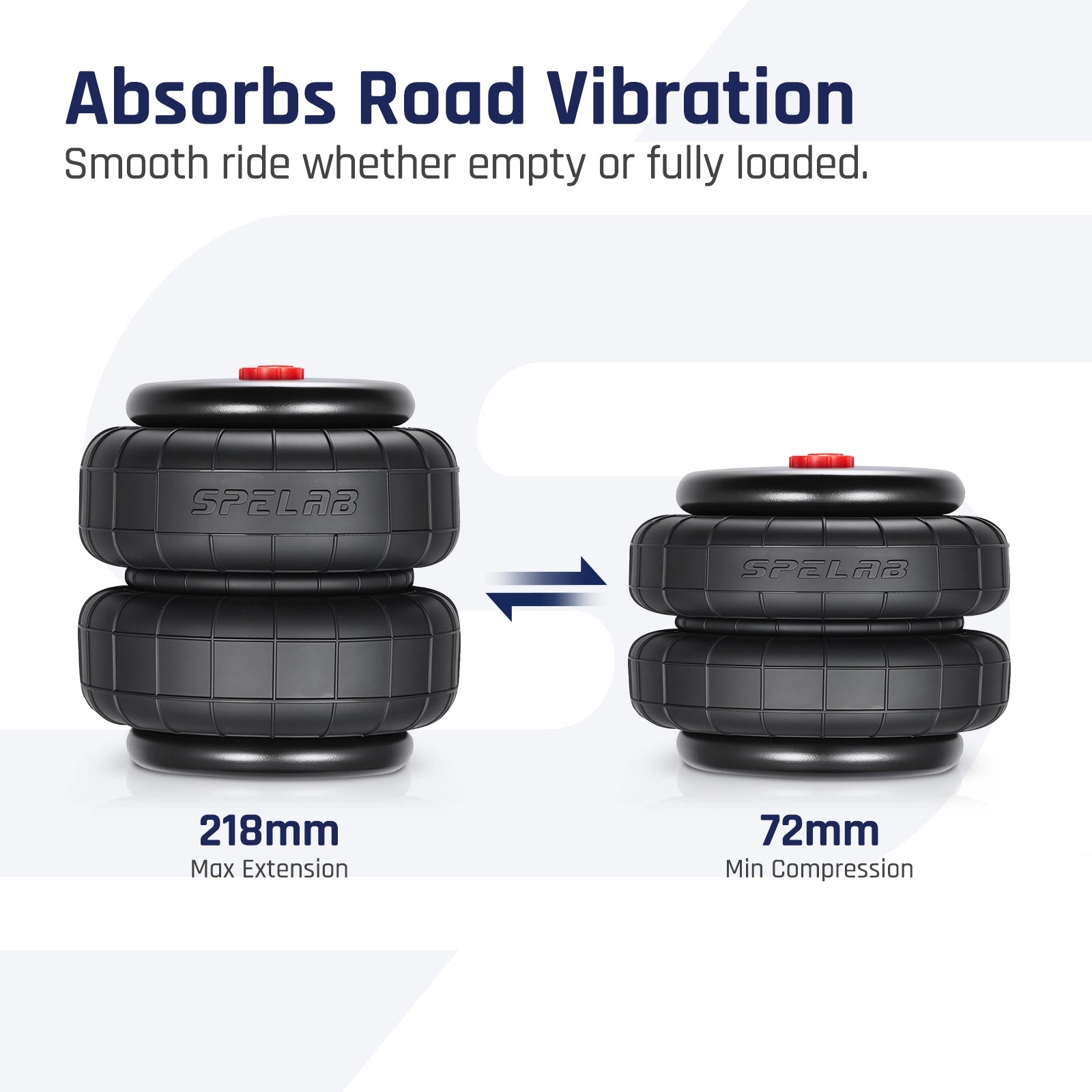 SPELAB dual air helper springs shown extended and compressed, marking a 218mm maximum extension and 72mm minimum compression stroke for adjustable ride height