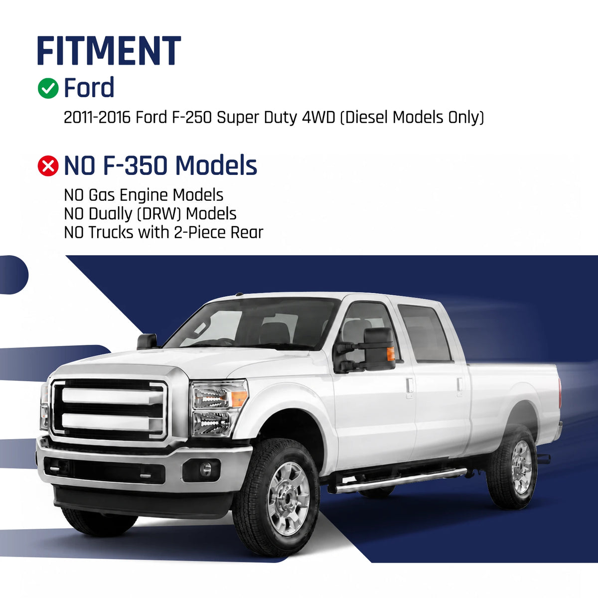 3-inch suspension lift kit fitting 2011-2016 Ford F-250 Super Duty 4WD diesel only, excluding F-350, gas engine, dually DRW, and 2-piece rear axle models.