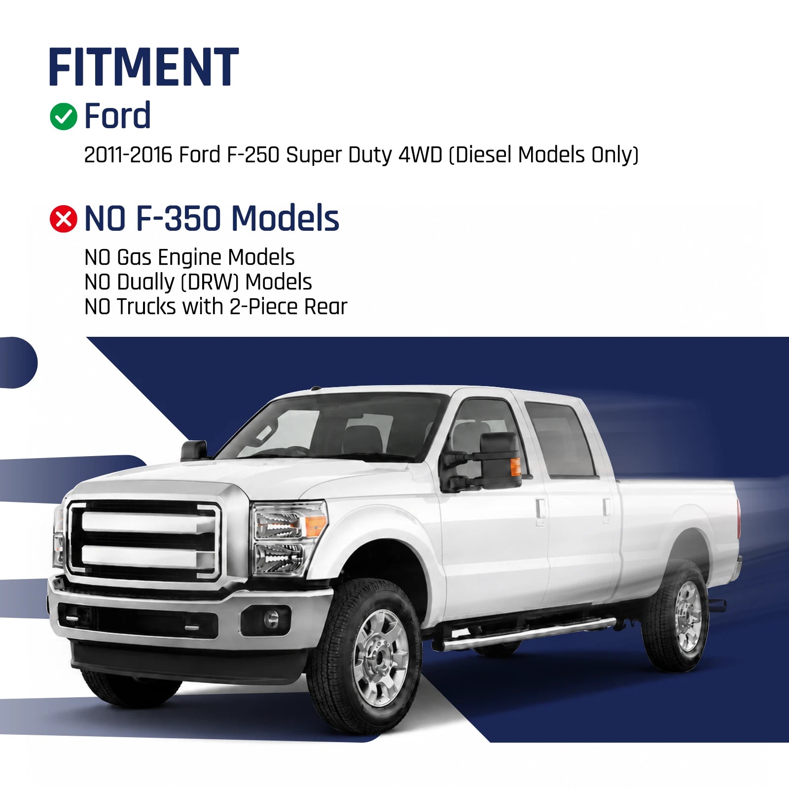 3-inch suspension lift kit fitting 2011-2016 Ford F-250 Super Duty 4WD diesel only, excluding F-350, gas engine, dually DRW, and 2-piece rear axle models.