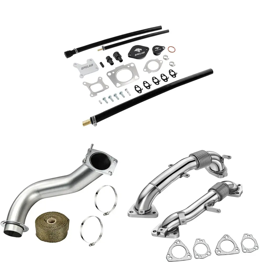 EGR delete kit with block-off plates and hoses joined by a stainless downpipe and a pair of up-pipes with gaskets, for the 2017-2025 6.6L Duramax L5P.