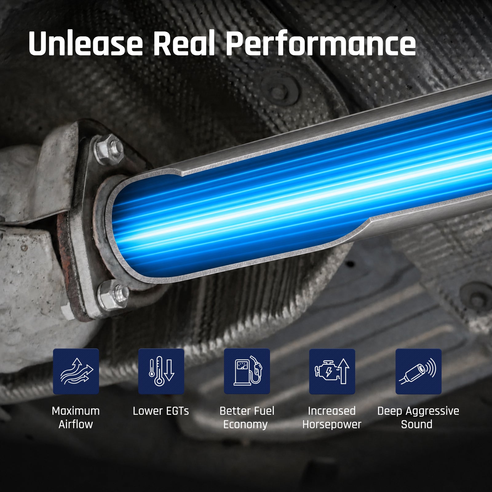 Flanged exhaust pipe joint under a 2019-2025 Dodge Ram 6.7L diesel with bright blue exhaust flow in the smooth bore, promising maximum airflow, lower EGTs, better fuel economy, horsepower, and aggressive sound.