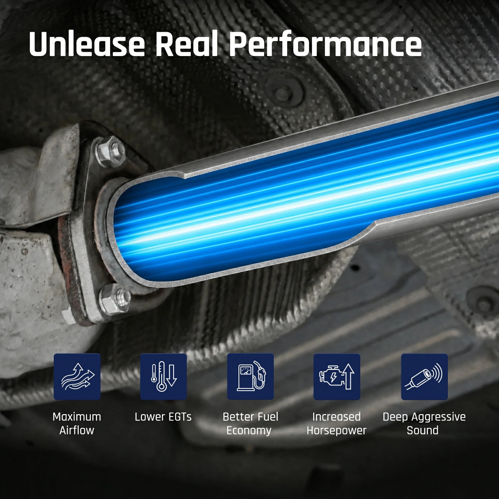 Polished stainless exhaust pipe bolted to a turbo outlet flange with unrestricted airflow for the 2003-2007 Ford F-250 F-350 F-450 6.0L Powerstroke diesel.