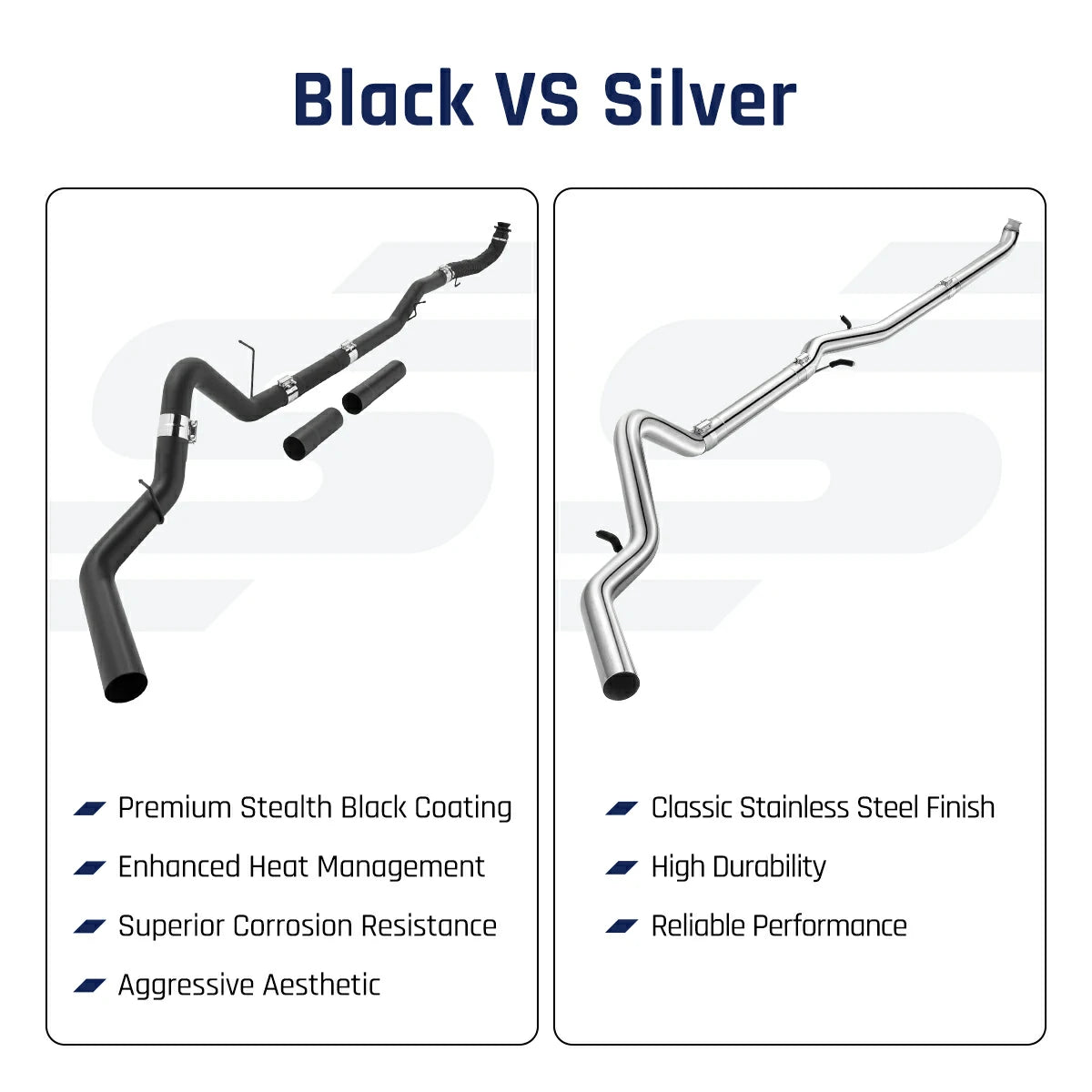 Two DPF delete exhaust systems set side by side for comparison, one in matte black coating and one in polished stainless steel, each with band clamps and a straight tip.