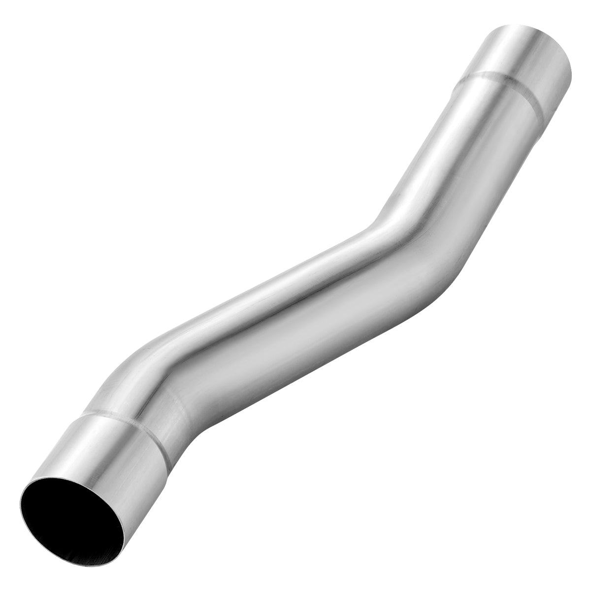 Polished stainless-steel muffler delete pipe with an offset double bend and open expanded slip-fit ends, no clamps or flanges, for 2003-2007 Ford F-250 F-350 6.0L Powerstroke.