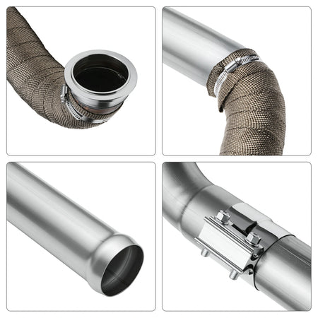 V-band flange and clamps on the stainless turbo-back DPF delete exhaust for 2019-2026 Chevy Silverado GMC Sierra 3.0L Duramax LM2, with a braided heat-sock band, an expanded pipe tip, and a bolted split clamp.