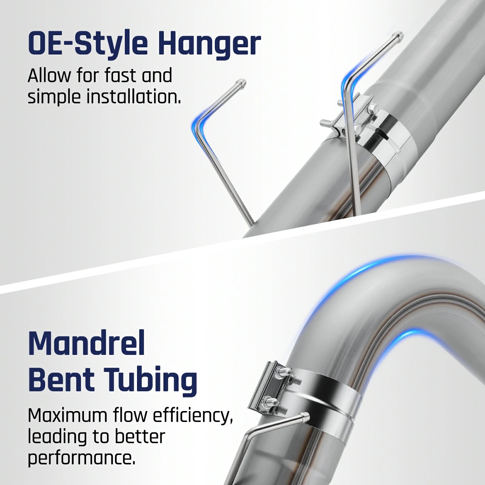 Polished stainless mandrel-bent exhaust tubing with OE-style rod hangers and band clamps for the 2003-2007 Ford F-250 F-350 F-450 6.0L Powerstroke.