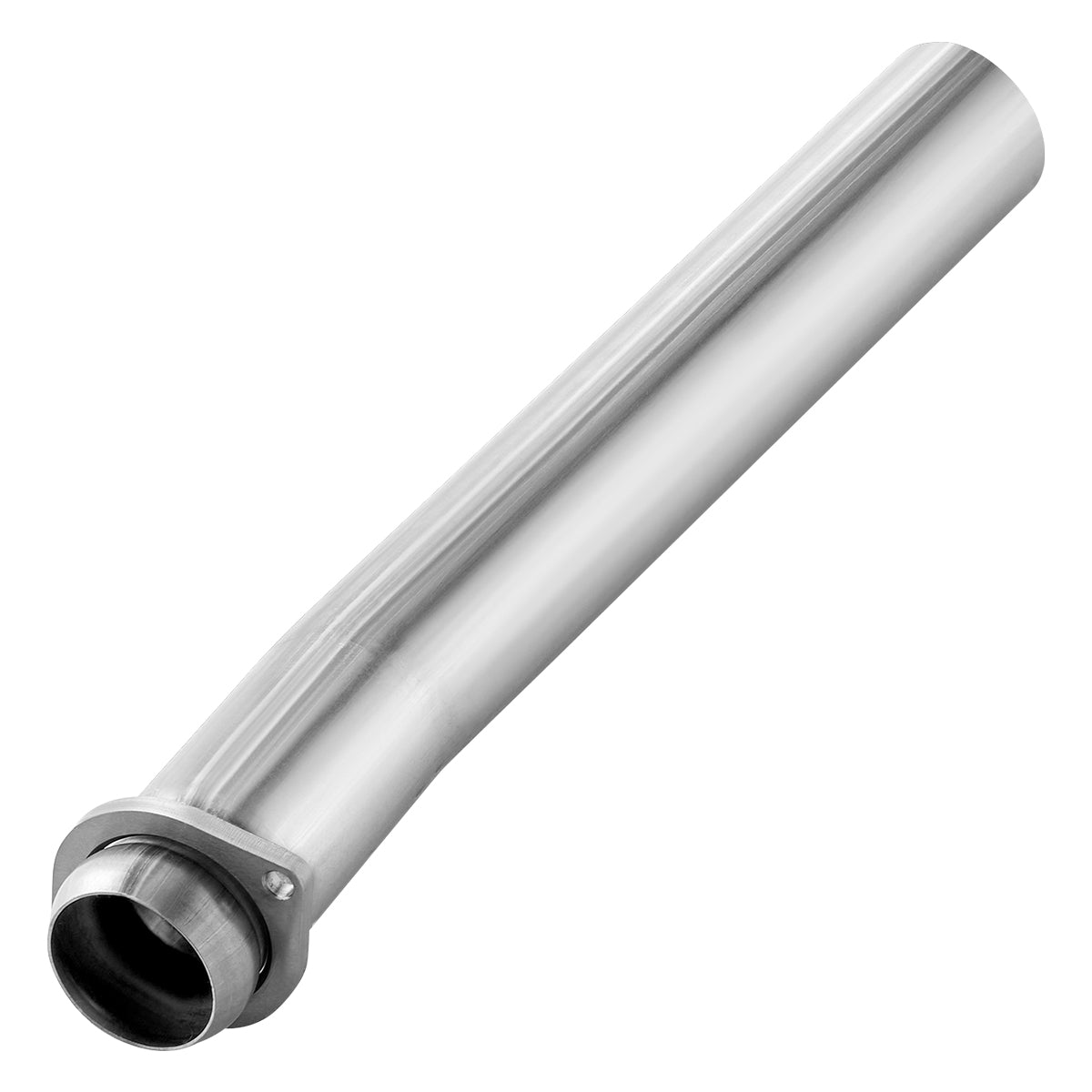 Straight polished stainless-steel CAT delete pipe with a bolted flange joint at one end and an open inlet at the other, for 2003-2007 Ford F-250 F-350 6.0L Powerstroke.