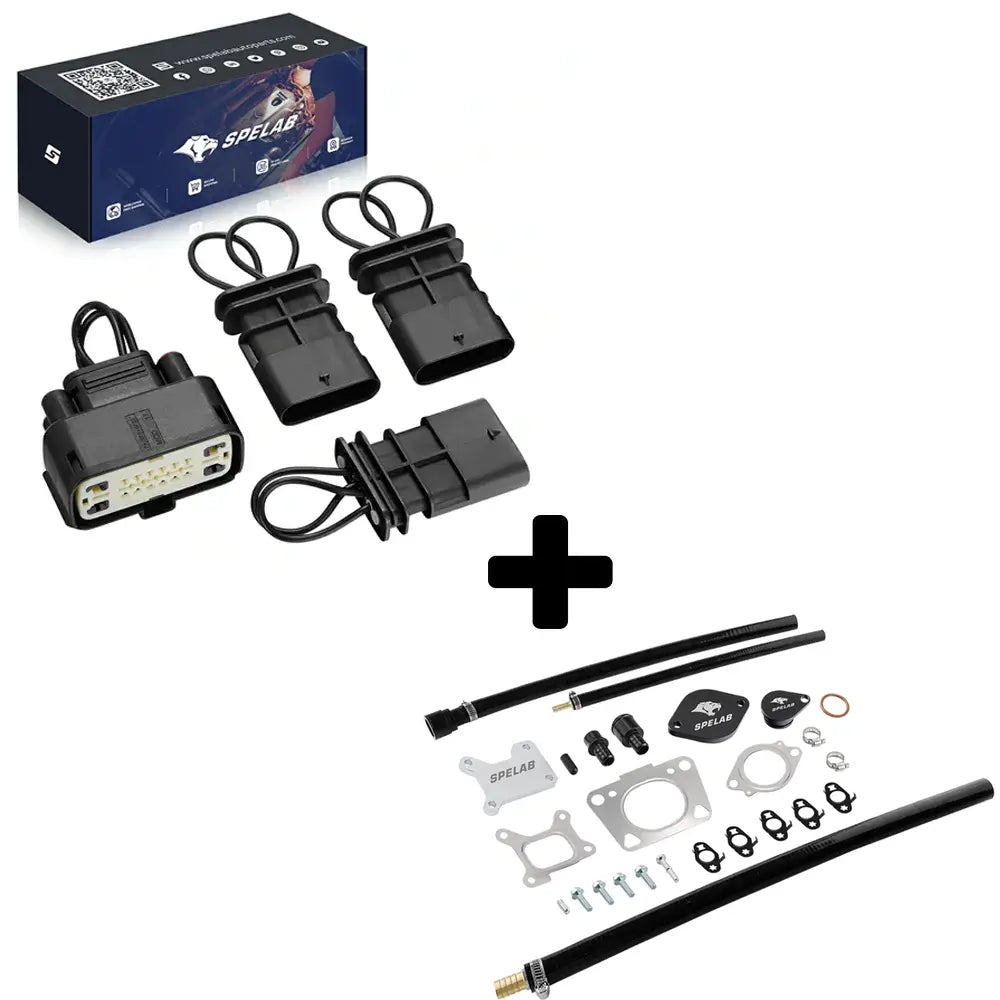 EGR valve cooler delete kit bundled with a set of black wiring harness delete connectors and an ECU plug for the 2017-2025 6.6L Duramax L5P.
