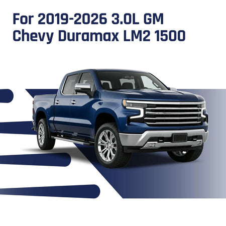 Glossy dark blue Chevy Silverado 1500 crew-cab pickup with chrome grille, the 2019-2026 3.0L GM Chevy Duramax LM2 truck fitted with the SPELAB turbo-back DPF delete exhaust.