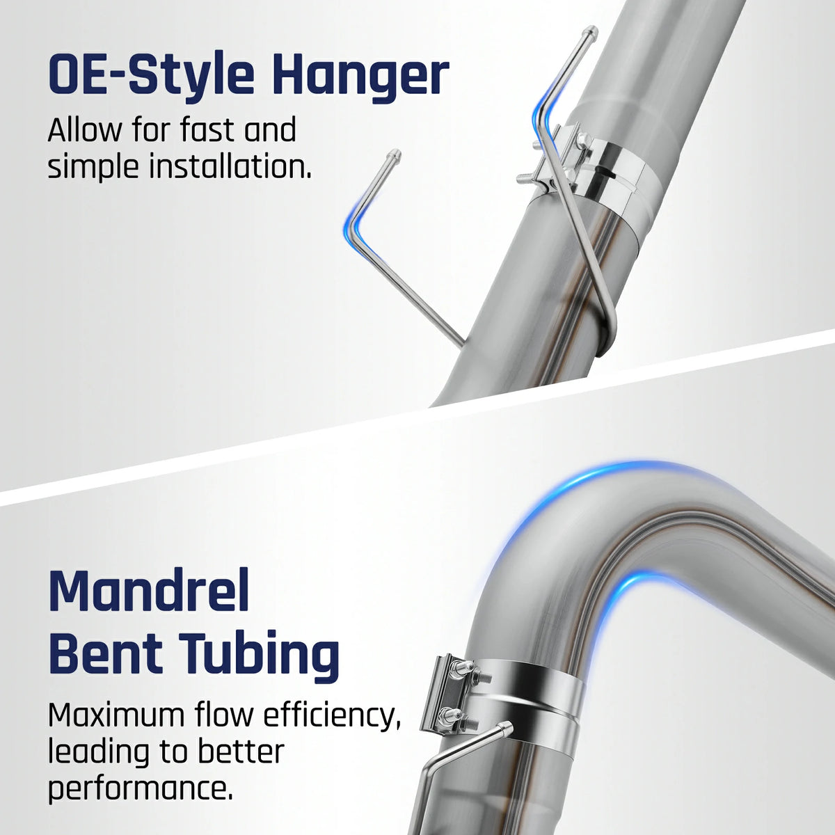 OE-style spring hanger and bolted band clamp welded onto a large-radius mandrel-bent stainless elbow for fast, free-flowing installation on a 2010-2012 Dodge Ram 6.7L Cummins turbo-back exhaust