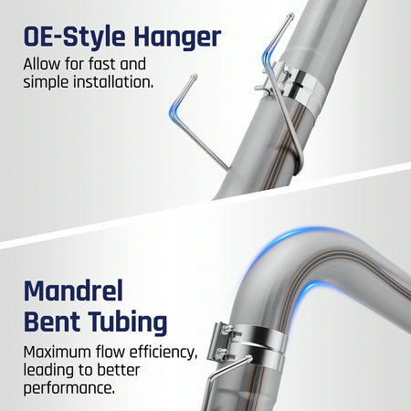 OE-style spring hanger and bolted band clamp welded onto a large-radius mandrel-bent stainless elbow for fast, free-flowing installation on a 2010-2012 Dodge Ram 6.7L Cummins turbo-back exhaust