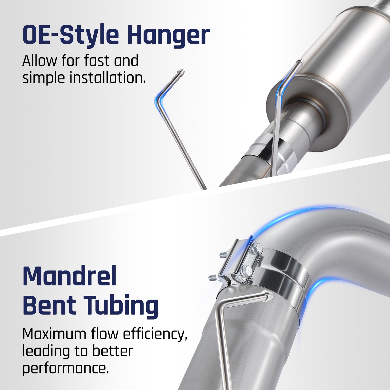 Stainless-steel exhaust tubing with a welded OE-style wire hanger and a bolted band clamp, mandrel-bent for maximum flow on the 2019-2025 Dodge Ram 6.7L diesel.