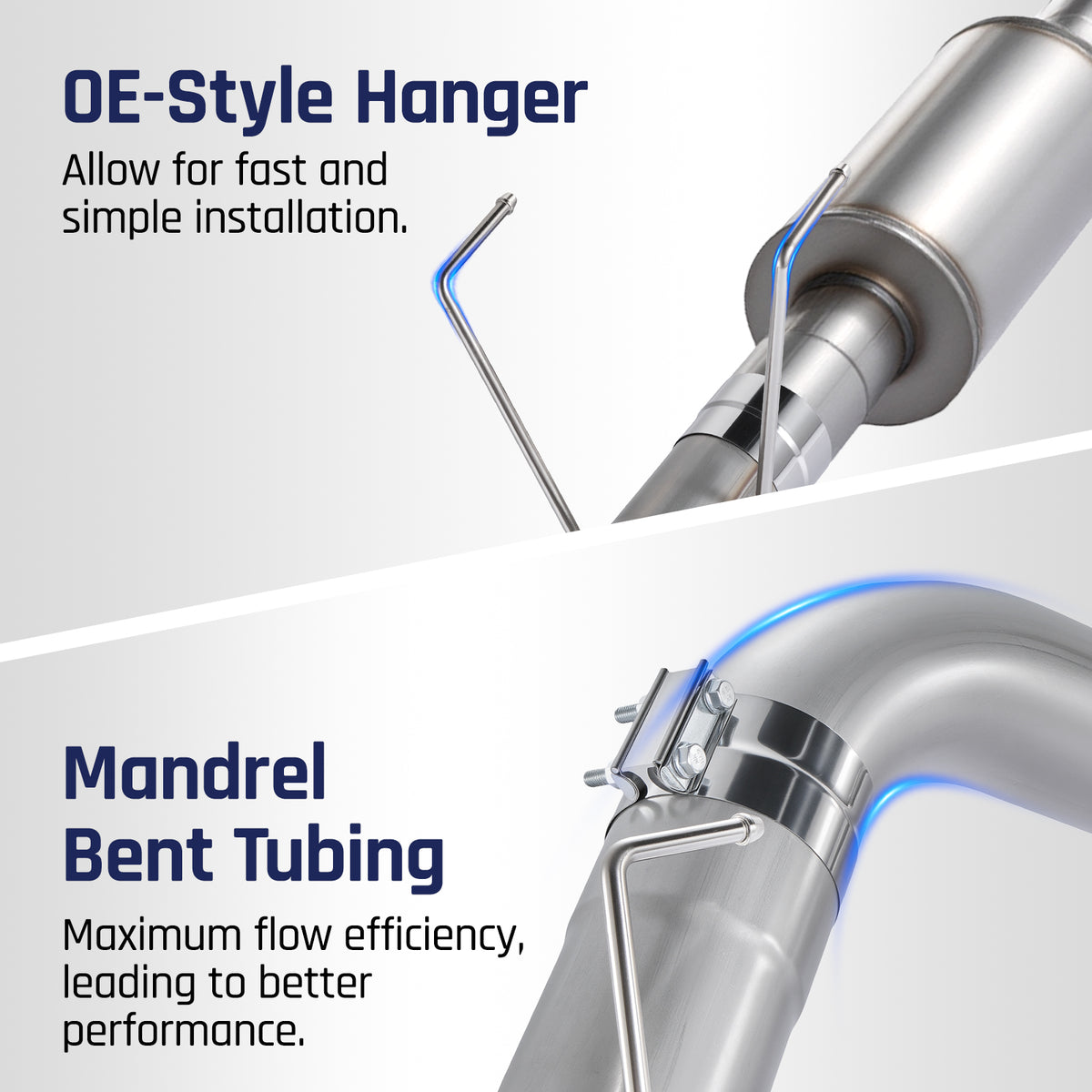 Stainless-steel exhaust tubing with a welded OE-style wire hanger and a bolted band clamp, mandrel-bent for maximum flow on the 2019-2025 Dodge Ram 6.7L diesel.