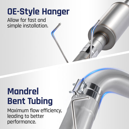 Stainless-steel exhaust tubing with a welded OE-style wire hanger and a bolted band clamp, mandrel-bent for maximum flow on the 2019-2025 Dodge Ram 6.7L diesel.