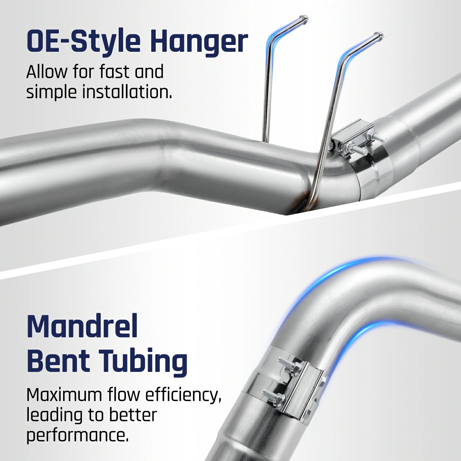 Welded OE-style contour wire hangers on a mandrel-bent 4-inch stainless exhaust pipe with a slip-fit band clamp, matching the 2023-2024 Ford F-250 F-350 6.7L Powerstroke factory hangers for bolt-on install.