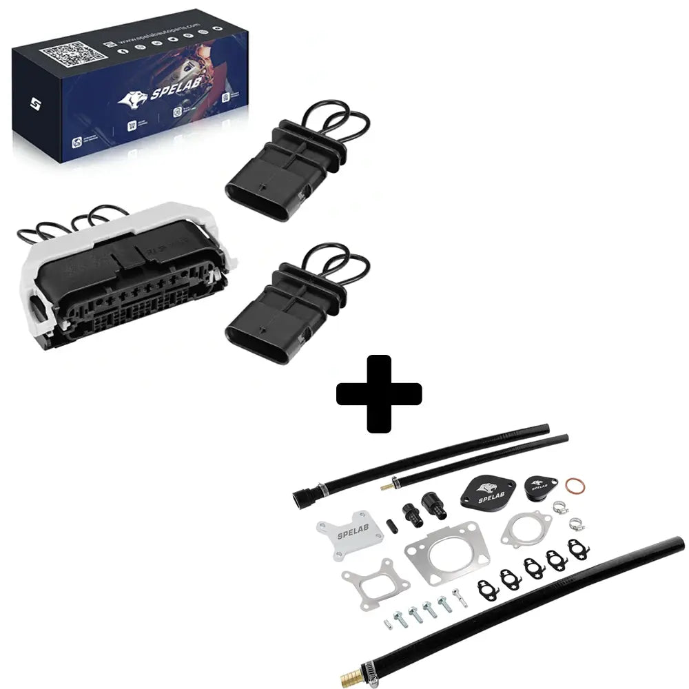 EGR valve cooler delete kit paired with a white-bodied ECU connector and two black sensor delete plugs for the 2017-2025 6.6L Duramax L5P.