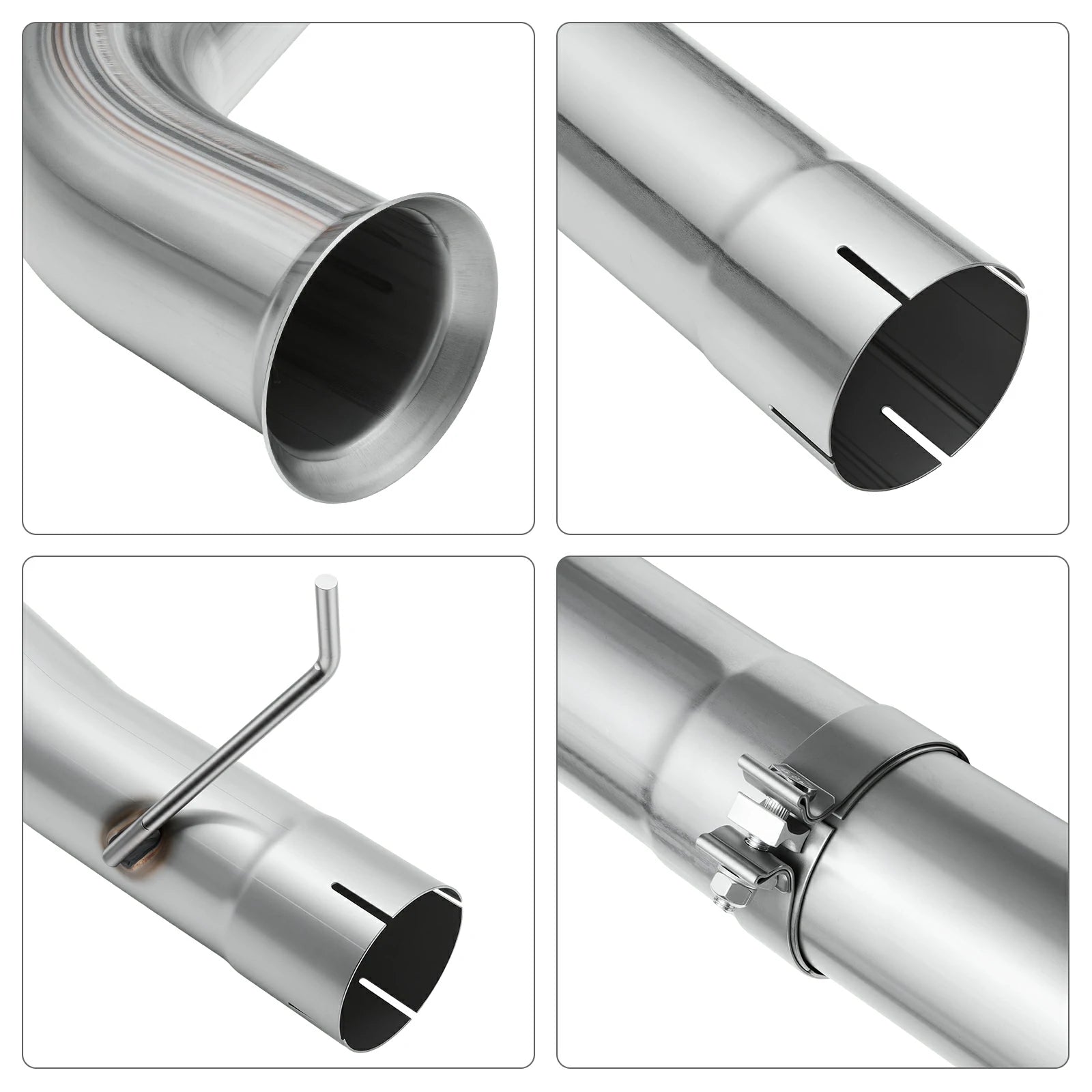 Stainless-steel exhaust pipe joints of a 4-inch DPF delete turbo-back system for the 2003-2007 Ford 6.0L Powerstroke, with a flared elbow outlet, slotted pipe ends, a welded rod hanger, and a bolted band clamp.