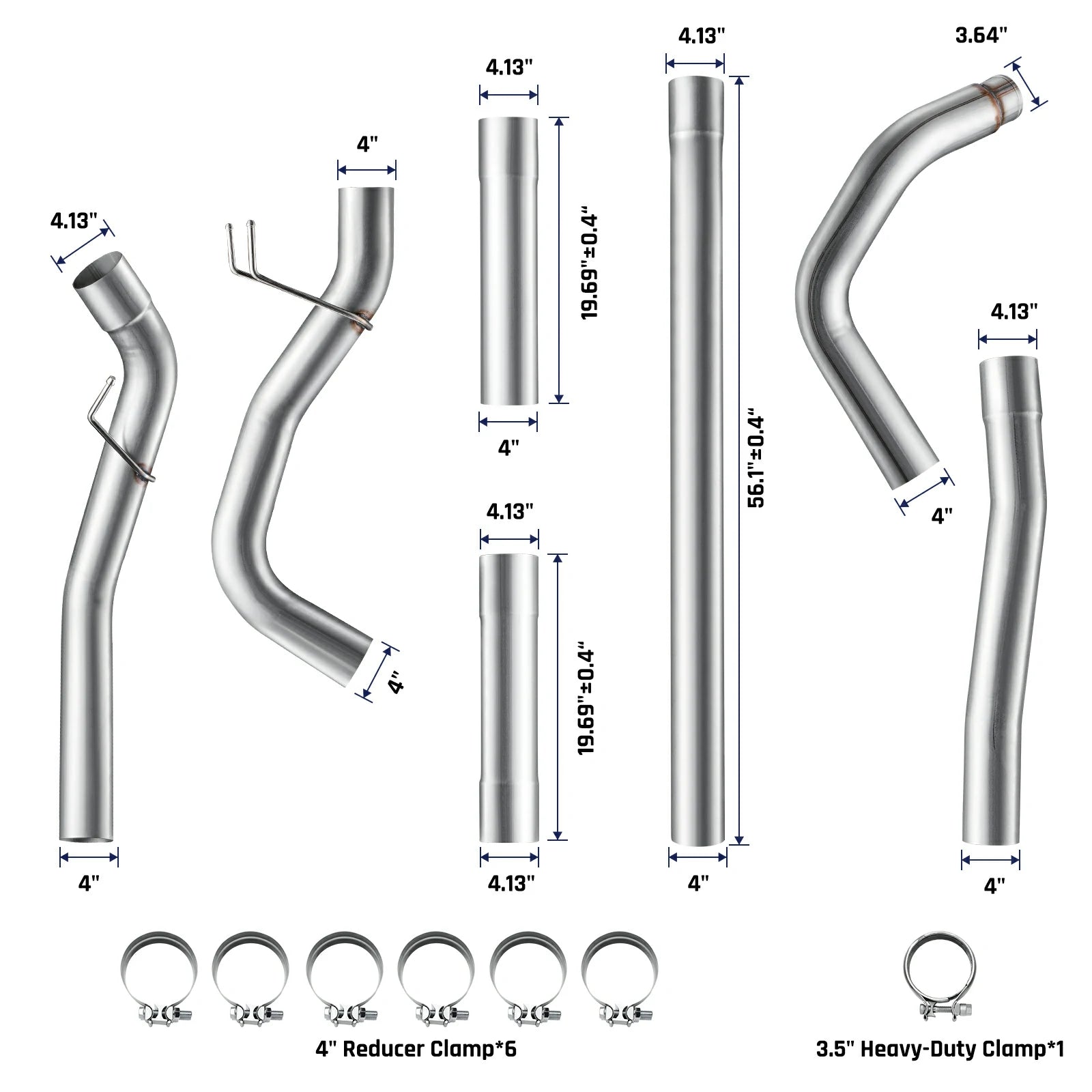 Stainless turbo-back exhaust components for 2023-2024 Ford F-250 F-350 6.7L Powerstroke, 4-inch T409 straight and mandrel-bent pipes with stepped reducer ends, six band clamps, and one heavy-duty clamp.