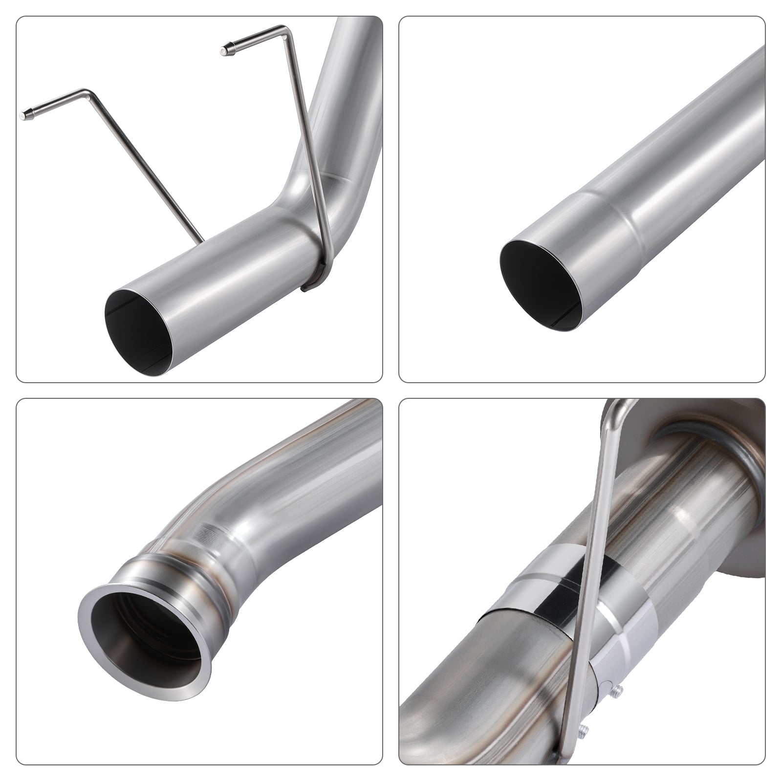 Stainless-steel DPF delete pipe sections for the 2019-2025 Dodge Ram 6.7L diesel, including a wire-hanger bend, a flanged V-band inlet, a straight expanded tube end, and a muffler joint secured by a chrome band clamp.