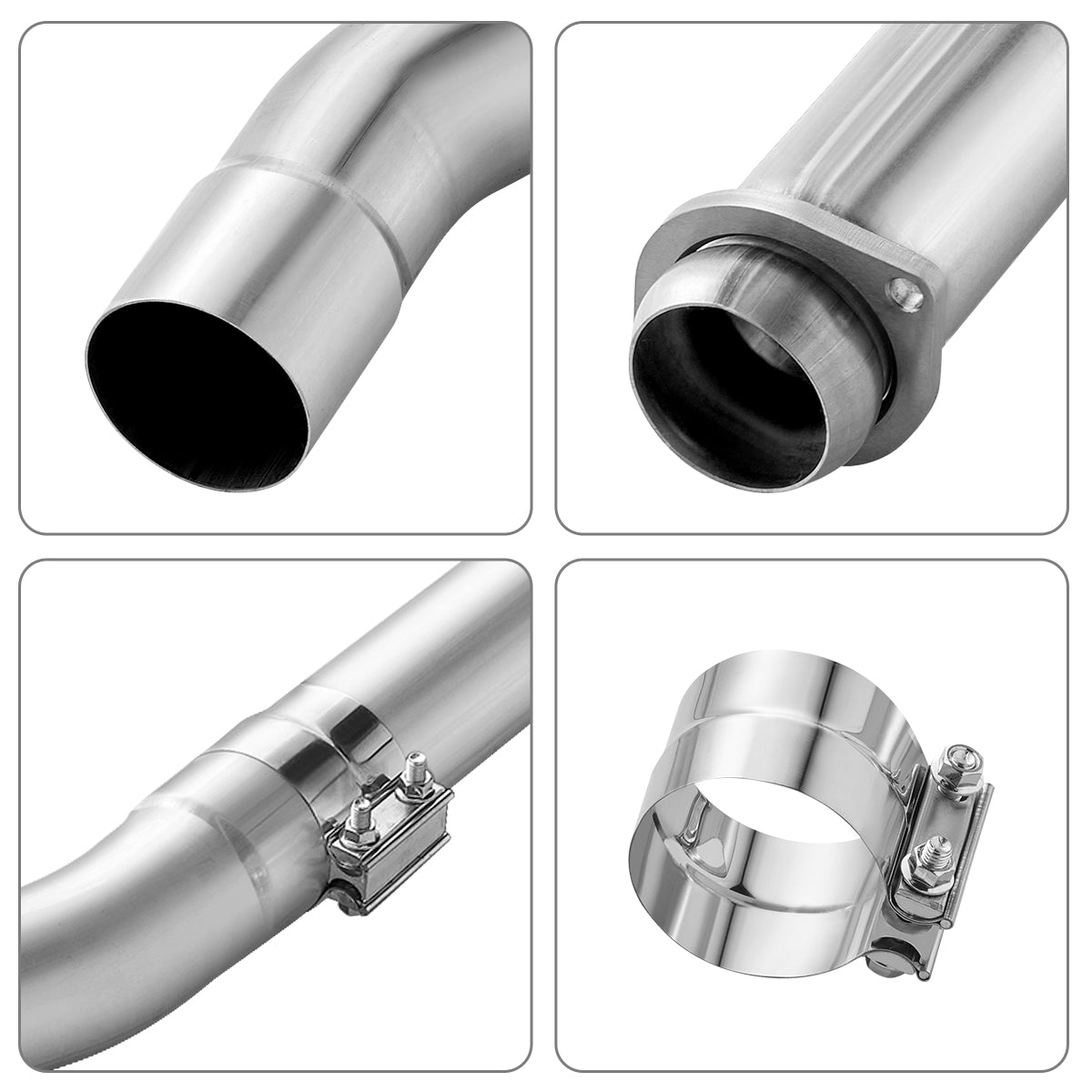 Stainless-steel pipe joints for a 3.5-inch CAT & muffler delete exhaust on 2003-2007 Ford F-250 F-350 6.0L Powerstroke: an expanded slip-fit end, a bolted flange, and a two-bolt band clamp.