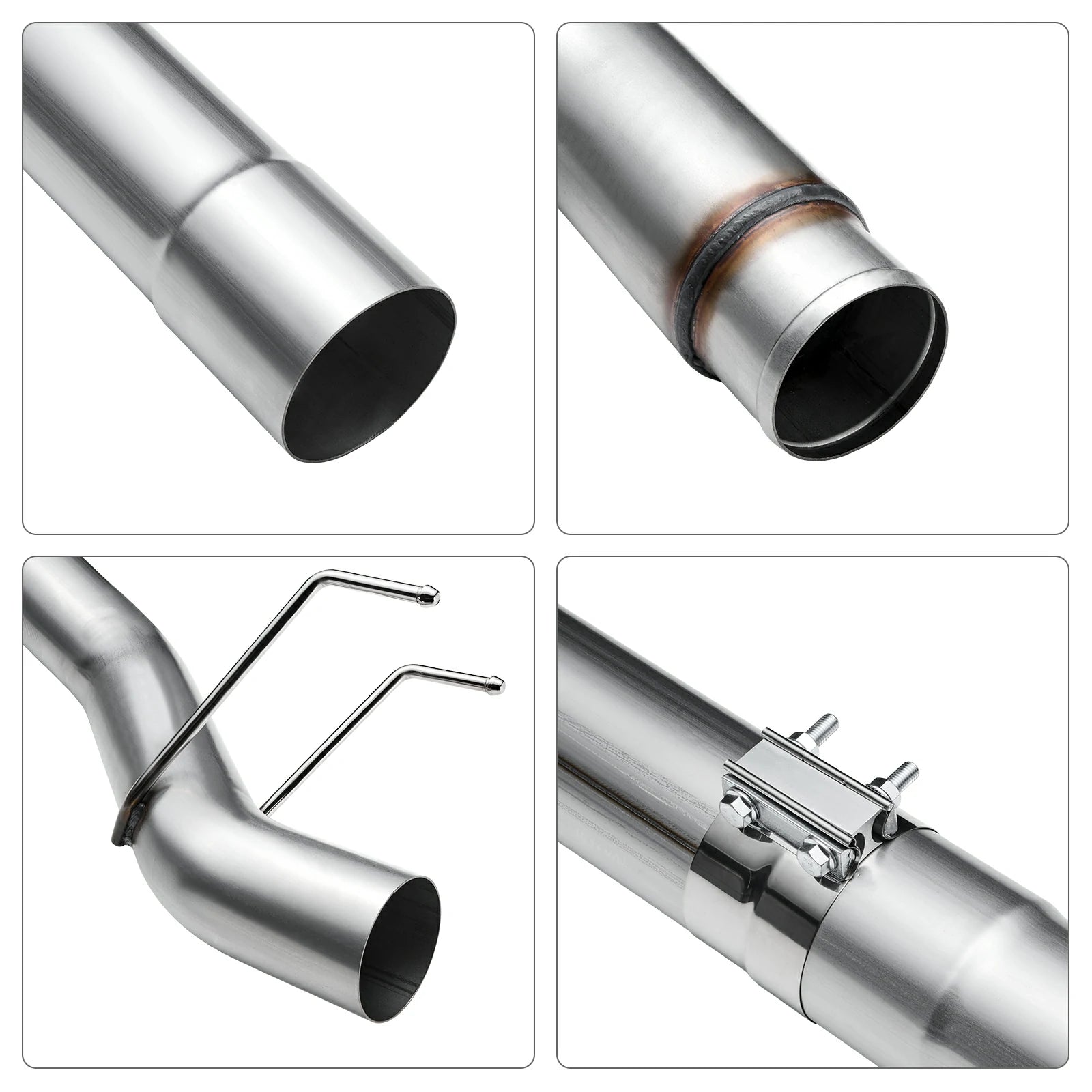 TIG-welded joints on the 4-inch T409 stainless exhaust for 2023-2024 Ford F-250 F-350 6.7L Powerstroke, stepped slip-fit pipe ends, a heat-blushed weld ring, contour hangers, and a bolt-lug band clamp.