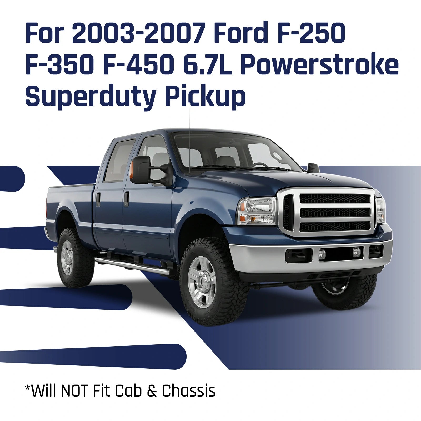 Dark blue Ford Super Duty pickup truck representing the 2003-2007 Ford F-250 F-350 F-450 6.0L Powerstroke trucks that the 4-inch DPF delete turbo-back exhaust fits.